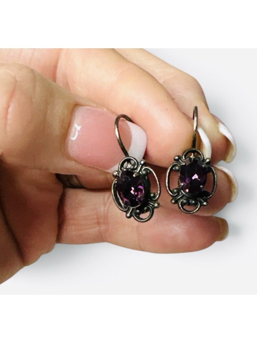 Signed Sadie Green Art Deco Purple Earrings Austrian Crystal Dangle Drop
